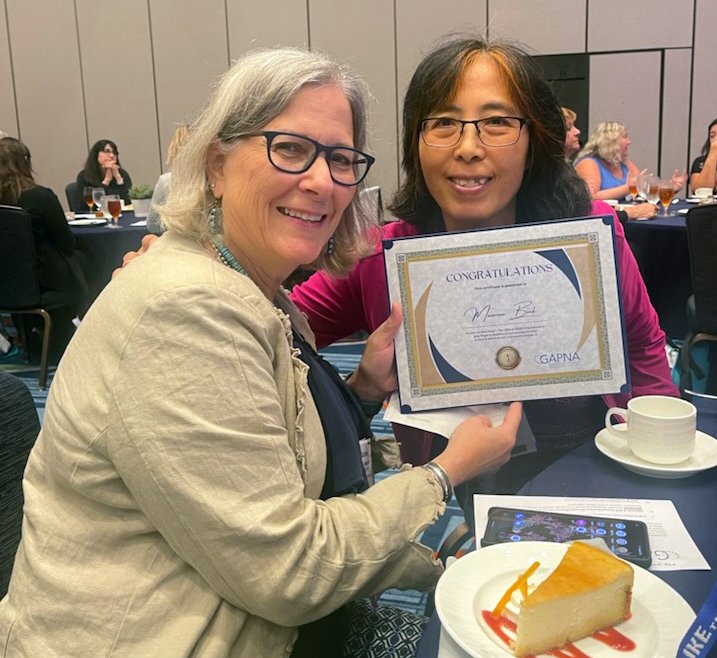 Maureen Beck, DNP, MSN, left, and Suyan Bi, MSN, AGNP-C, with UTHealth Houston won first place at Gerontological Advanced Practice Nurses Association 2022 National Conference for their study on weight loss in residents of assisted living facilities.