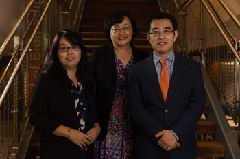 (L-R): Cui Tao, PhD; Hongfang Liu, PhD; and Xiaqian Jiang, PhD, were among the many researchers who were awarded grants for projects that center on medical artificial intelligence innovations. (Photo by David Sotelo/UTHealth Houston)
