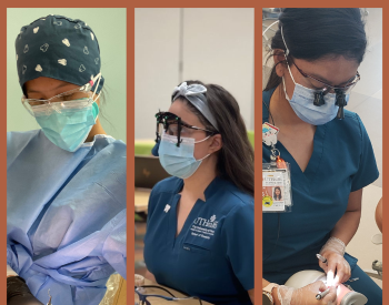 From left to right, UTHealth Houston School of Dentistry students Laura Huynh, Stefany Vasquez, and Casandra Castillo are passionate about their studies. (Graphic by UTHealth Houston)