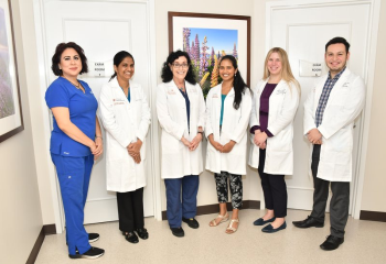 Clinic staff and former UTMOVE fellows, from left to right: Alicia Lerma, medical assistant; Shivika Chandra, MD; Mya C. Schiess, MD; Swati Pradeep, DO; Melissa Christie, MD; and Humberto Leal Bailey, MD. (Photo by UTHealth Houston)