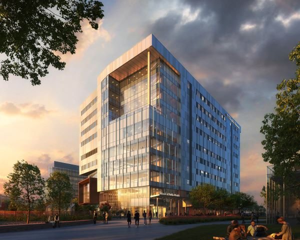Photo of rendering of building with caption UTHealth Houston School of Public Health breaks ground on $299 million, 10-story new home in the Texas Medical Center. (Image courtesy of SmithGroup)