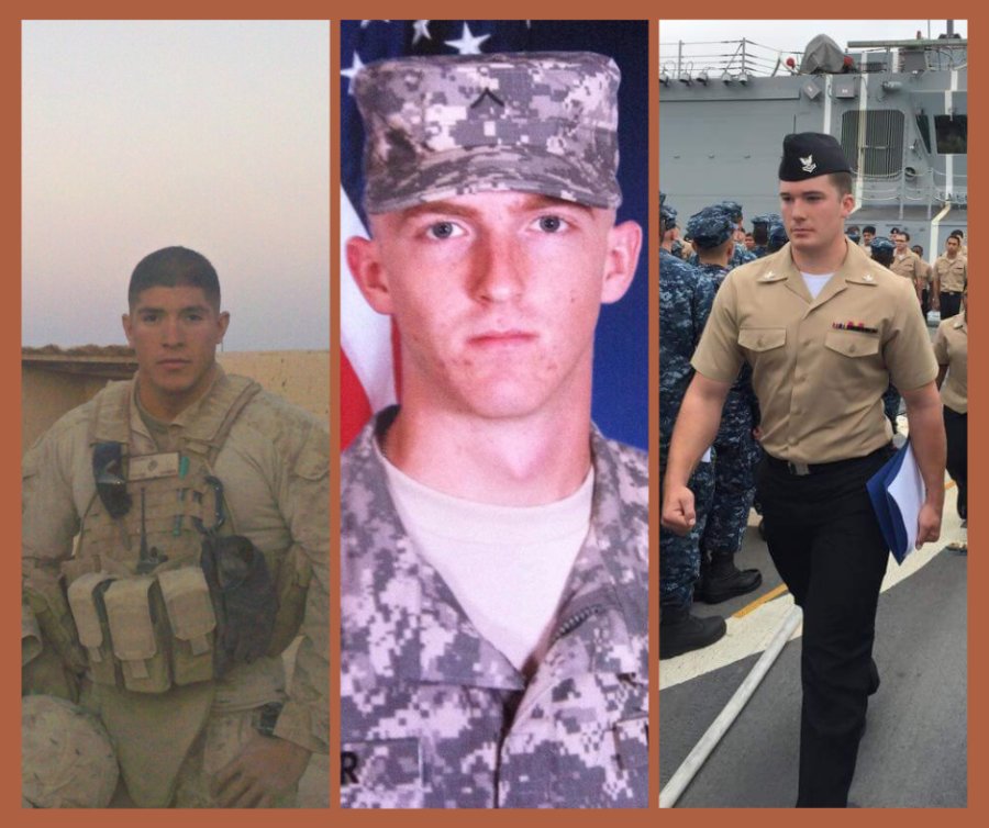 From left to right, McGovern Medical School students Daniel Martinez, Adam Fisher, and Joshua Jonesall served in the U.S. Military. (Photos courtesy of Martinez, Fisher, and Jones)