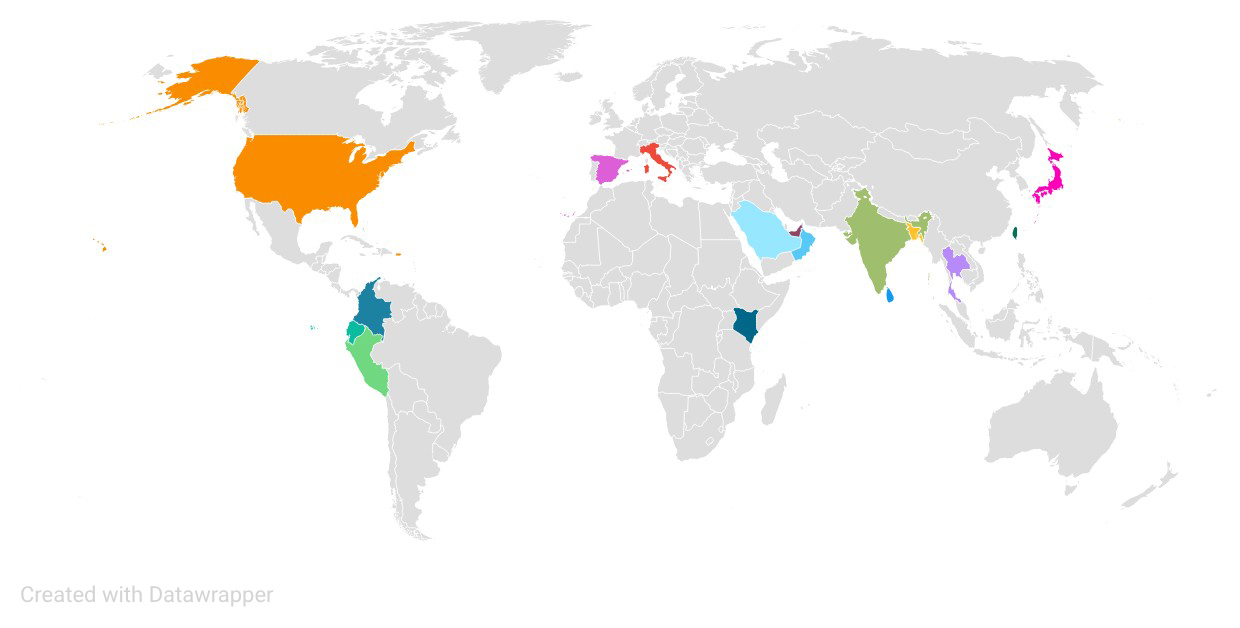 World map graphic with several countries highlighted indicating locations of partner institutions
