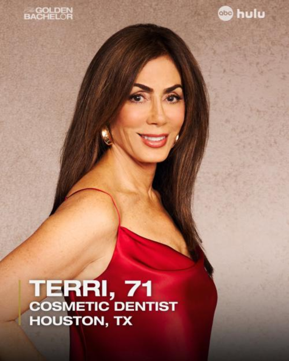 Terri Alani, a 71-year-old cosmetic dentist from Houston, Texas, poses in a red sleeveless dress against a neutral textured wall in her contestant profile photo for “The Golden Bachelor” Season 2 on ABC and Hulu.