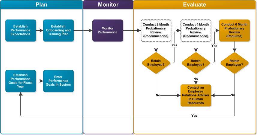 Infographic with Probationary Review Process showing full details of the Plan step, Monitor step and Evaluate step.