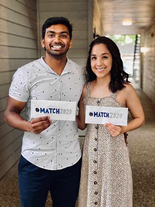 Aditya Srinivasan, who matched early to the urology program at UTMB, poses for a picture with his girlfriend, Tiffany Robles, who matched to Dell Children’s Medical Center of Central Texas in Austin. (Photo courtesy of Aditya Srinivasan/Tiffany Robles)