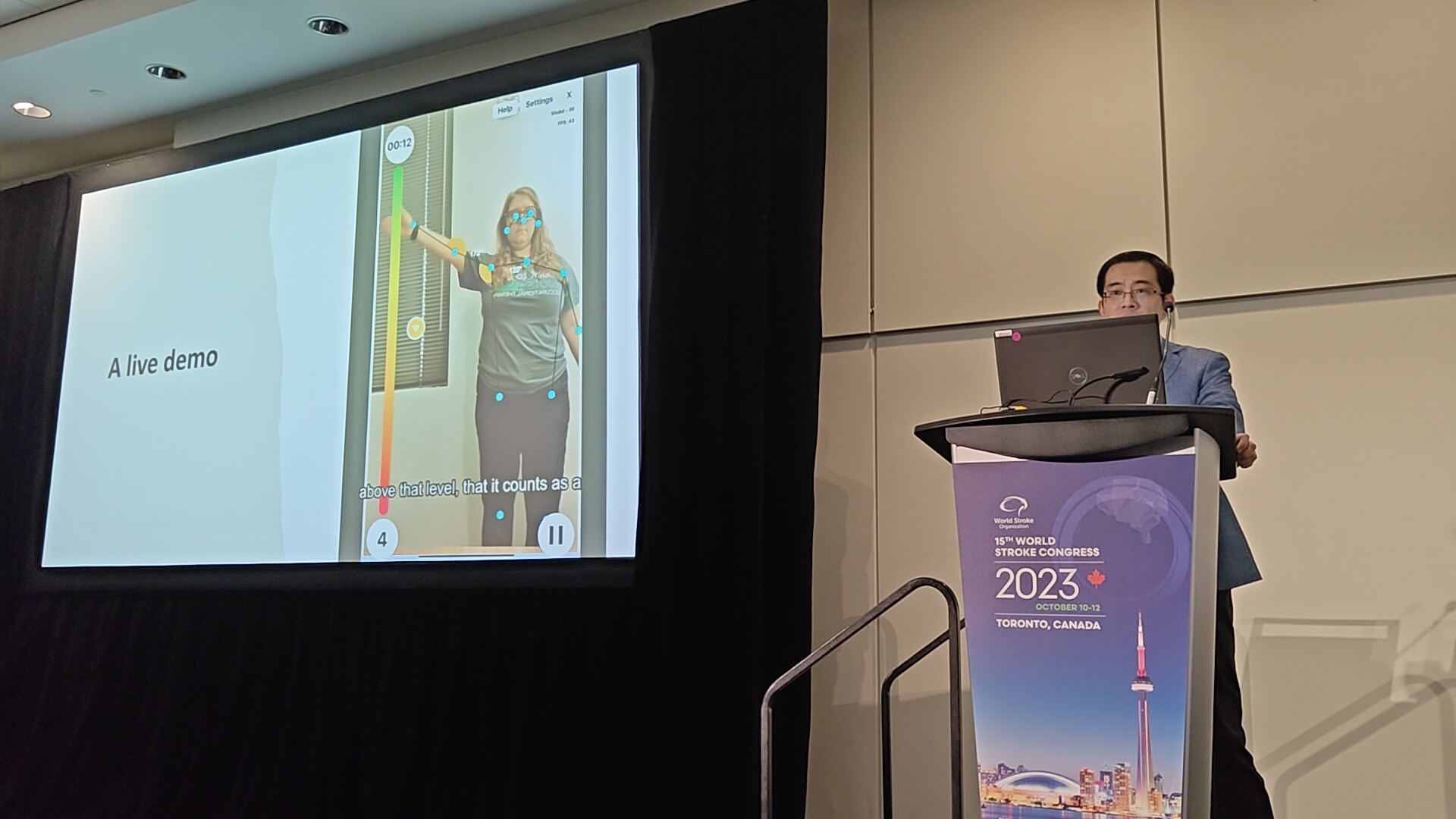 Xiaoqan Jiang presenting the AI-powered stroke rehabilitation app at the 2023 World Stroke Congress