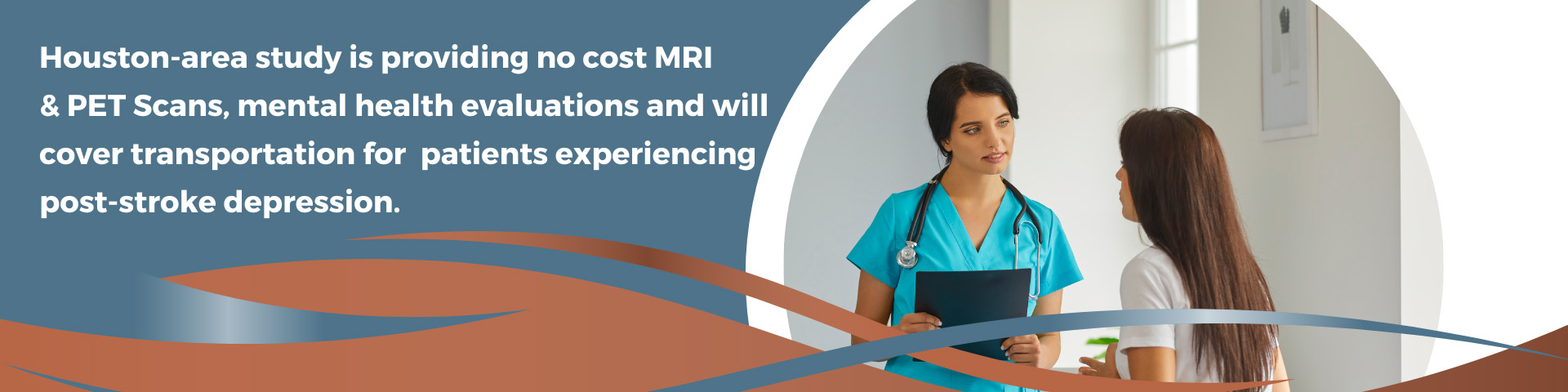 Nurse speaking with a patient in a clinic. Banner text promotes a Houston-area study offering free MRI, PET scans, mental health evaluations, and transportation for patients with post-stroke depression.