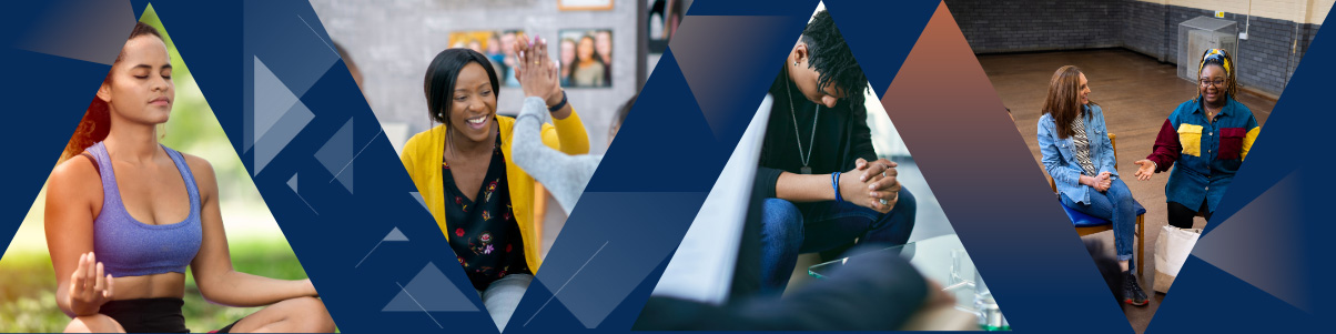 Collage of individuals engaging in mental health and wellness activities: a woman meditating outdoors, a group therapy session with women high-fiving, a person sitting with head bowed in distress, and two women having a supportive conversation in a community setting.