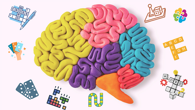 Colorful clay model of a human brain surrounded by icons representing cognitive games and puzzles, such as crossword puzzles, word games, dominoes, Tetris, flashcards, board games, and jigsaw pieces, symbolizing brain stimulation and mental activity.